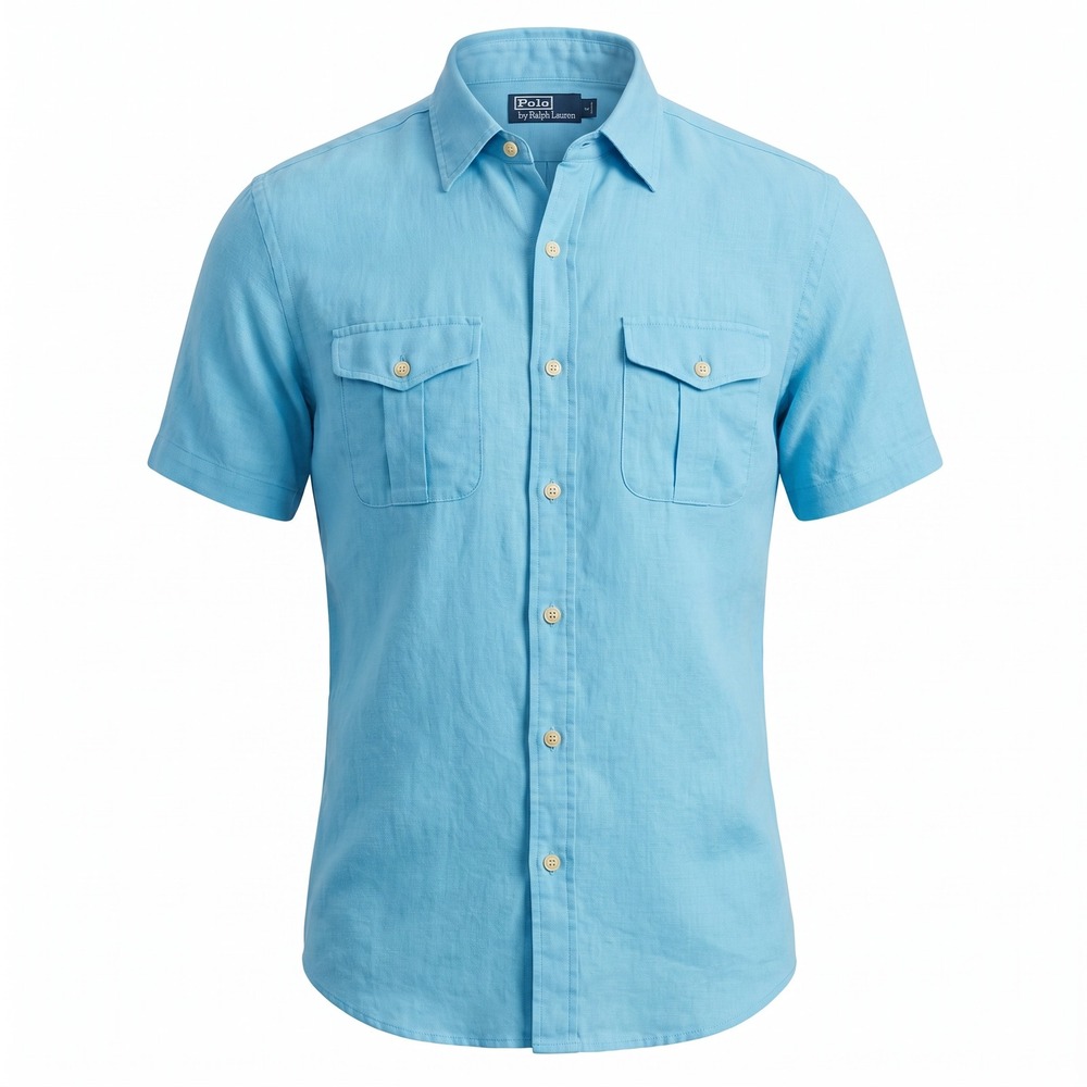 Polo Ralph Lauren Mens XXL Blue Linen Cotton Short Sleeve Button Down Shirt